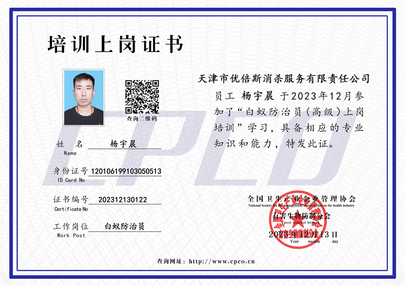 楊宇晨培訓(xùn)上崗證書